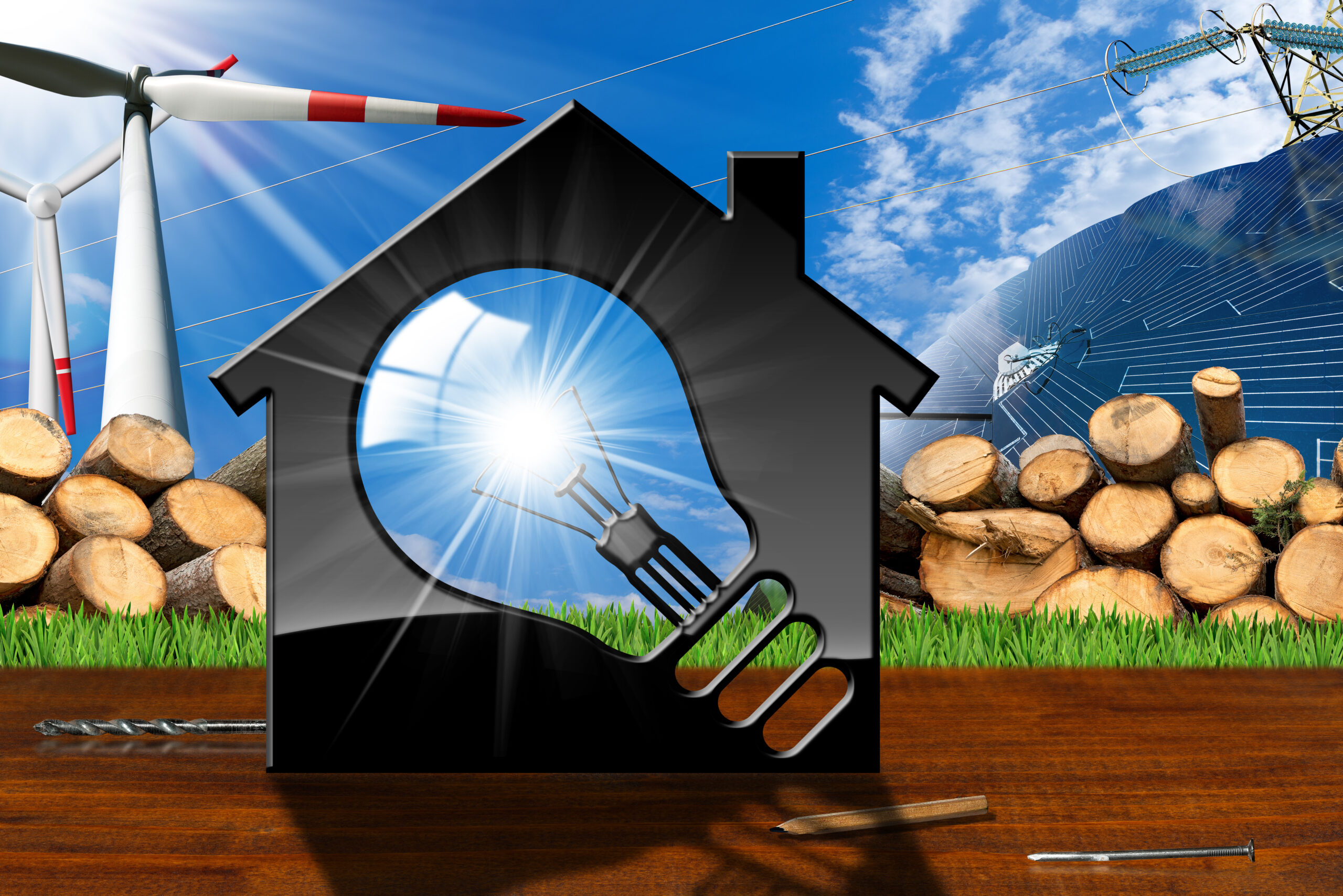 3D illustration of a model house with a light bulb, solar panel, wind turbines, tree trunks and a power line on a wooden table and blue sky - Renewable resources concept